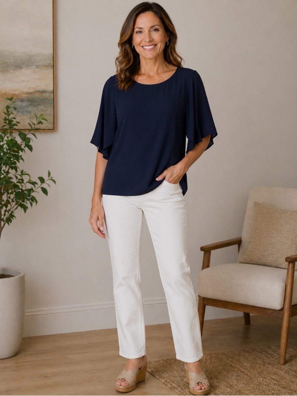 NEW Chicos drape sleeve navy satin lightweight polyester blouse minimalist
